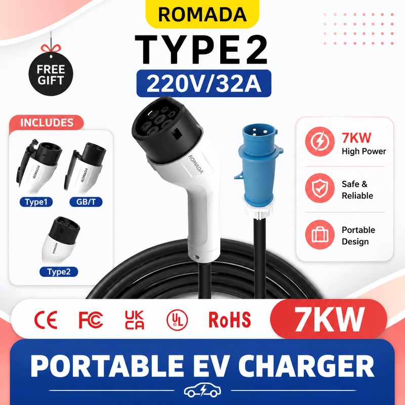 Portable Ev Charger 32A Type 2 Cee Plug - 7kW ROMADA 전기차 휴대용 충전기, GBT